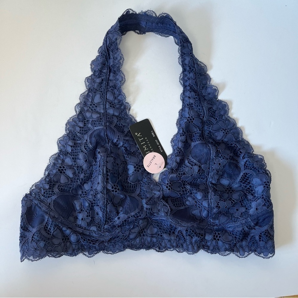 NWT Youmita‎ Blue Halter Lace Bra Large